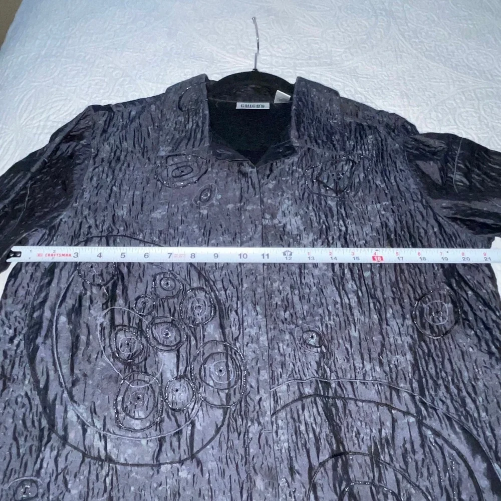 Chicos Design Silk Embroidered Beaded Jacket Size 2 Sz L Black Gray Evening Wear